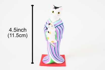 Yanakado Japanese Cat Statue in Kimono Cow Cat holding a Calico Purple Stripe Kimono 4.5in Hand-Drawn made in Tokyo Japan