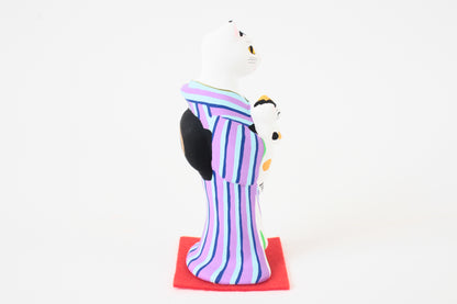 Yanakado Japanese Cat Statue in Kimono Cow Cat holding a Calico Purple Stripe Kimono 4.5in Hand-Drawn made in Tokyo Japan