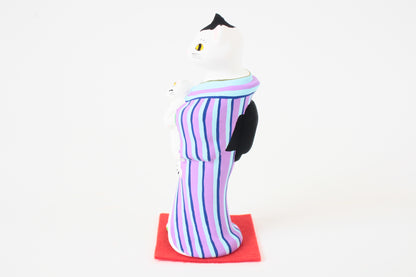 Yanakado Japanese Cat Statue in Kimono Cow Cat holding a Calico Purple Stripe Kimono 4.5in Hand-Drawn made in Tokyo Japan