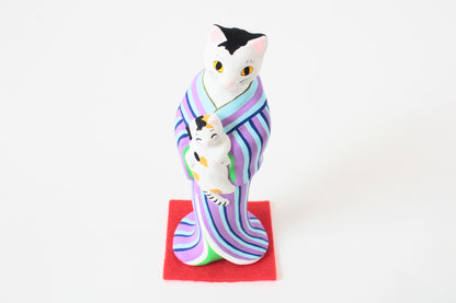 Yanakado Japanese Cat Statue in Kimono Cow Cat holding a Calico Purple Stripe Kimono 4.5in Hand-Drawn made in Tokyo Japan