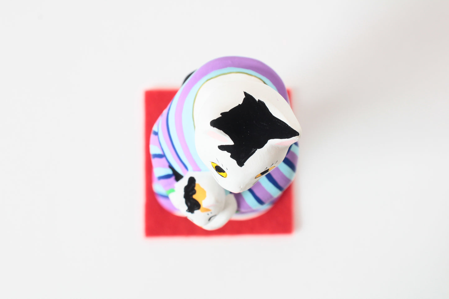 Yanakado Japanese Cat Statue in Kimono Cow Cat holding a Calico Purple Stripe Kimono 4.5in Hand-Drawn made in Tokyo Japan