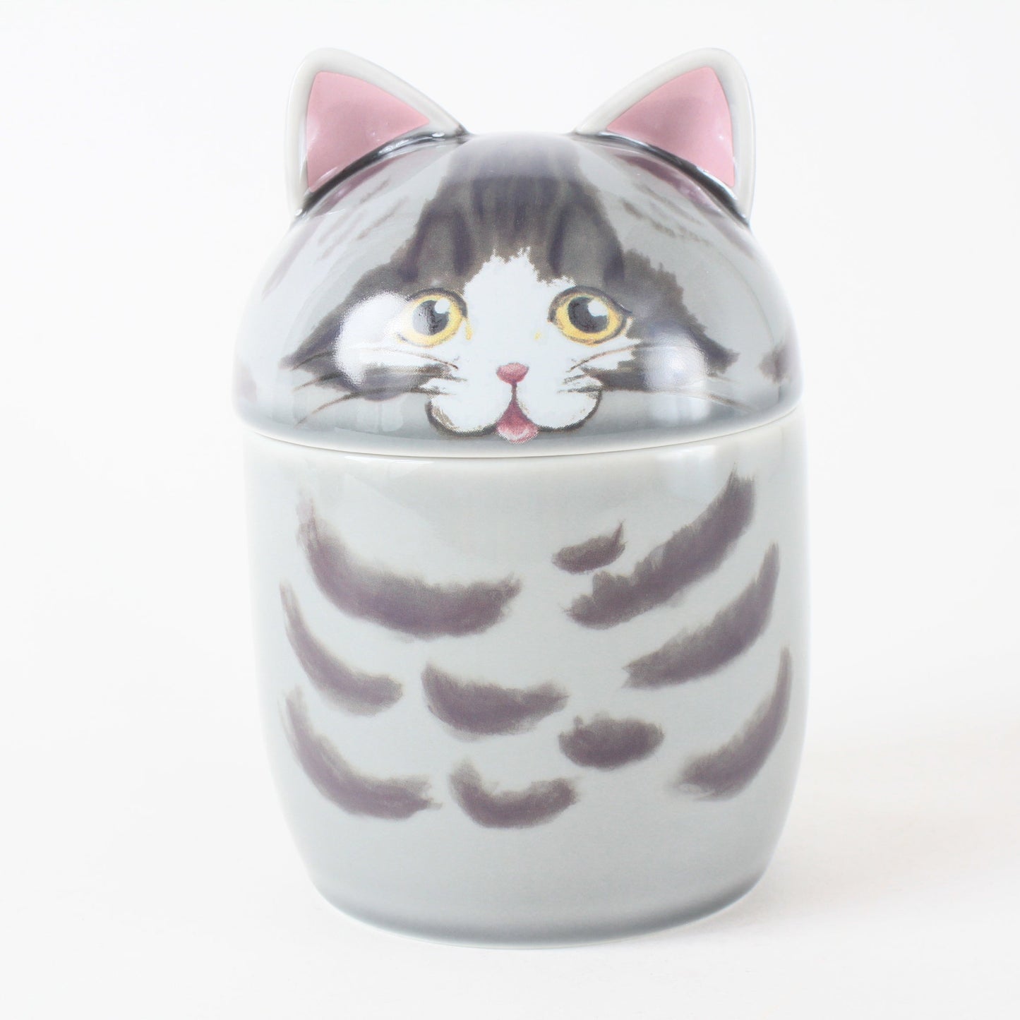 Mino ware Japanese Ceramic Lidded Pot Cat Pit (Large) Silver Tabby Cat made in Japan