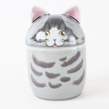 Mino ware Japanese Ceramic Lidded Pot Cat Pit (Large) Silver Tabby Cat made in Japan