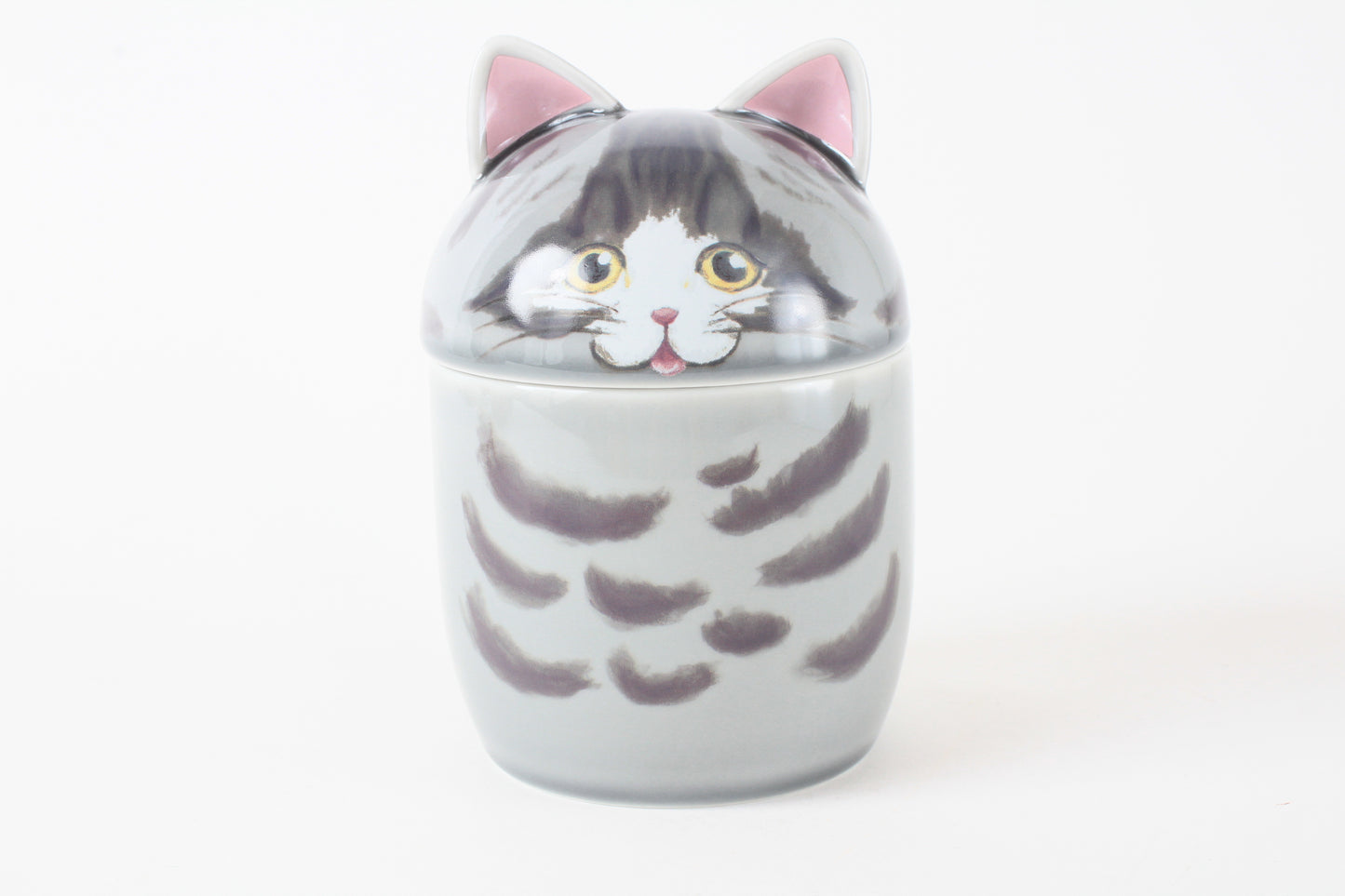 Mino ware Japanese Ceramic Lidded Pot Cat Pit (Large) Silver Tabby Cat made in Japan