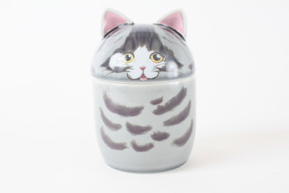 Mino ware Japanese Ceramic Lidded Pot Cat Pit (Large) Silver Tabby Cat made in Japan