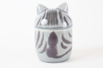 Mino ware Japanese Ceramic Lidded Pot Cat Pit (Large) Silver Tabby Cat made in Japan