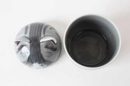 Mino ware Japanese Ceramic Lidded Pot Cat Pit (Large) Silver Tabby Cat made in Japan