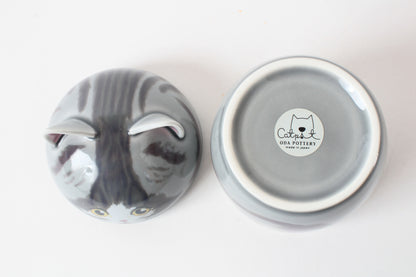 Mino ware Japanese Ceramic Lidded Pot Cat Pit (Large) Silver Tabby Cat made in Japan