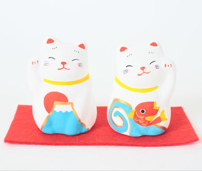 Yanakado Japanese Cat Mini Statue Figurine Lucky Beckoning Cat Pair Mt. Fuji & Sea Bream (set of two) 1.9in Hand-Drawn made in Tokyo Japan