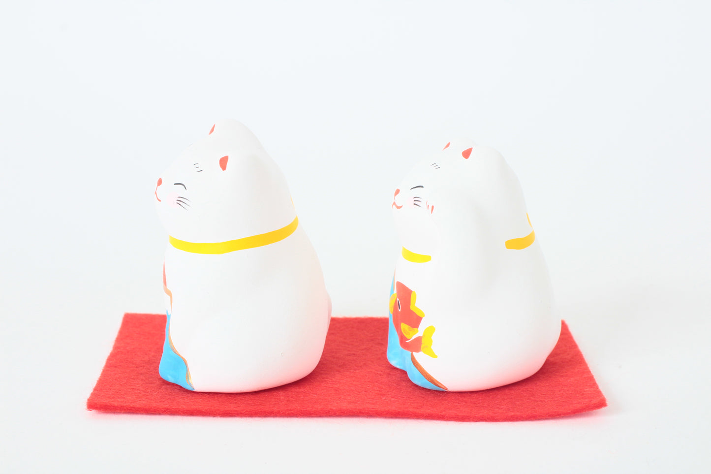 Yanakado Japanese Cat Mini Statue Figurine Lucky Beckoning Cat Pair Mt. Fuji & Sea Bream (set of two) 1.9in Hand-Drawn made in Tokyo Japan
