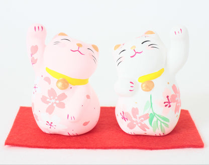 Yanakado Japanese Cat Mini Statue Figurine Lucky Beckoning Cat Pair Sakura Cherry Blossoms Haru-Urara (set of two) 2.3in Hand-Drawn made in Tokyo Japan