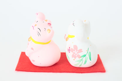 Yanakado Japanese Cat Mini Statue Figurine Lucky Beckoning Cat Pair Sakura Cherry Blossoms Haru-Urara (set of two) 2.3in Hand-Drawn made in Tokyo Japan