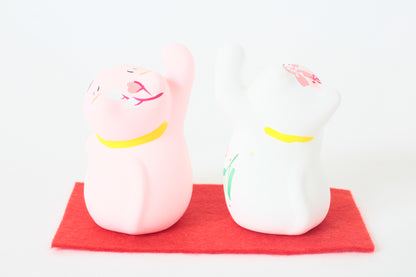 Yanakado Japanese Cat Mini Statue Figurine Lucky Beckoning Cat Pair Sakura Cherry Blossoms Haru-Urara (set of two) 2.3in Hand-Drawn made in Tokyo Japan
