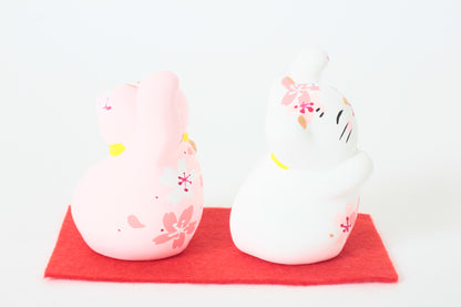 Yanakado Japanese Cat Mini Statue Figurine Lucky Beckoning Cat Pair Sakura Cherry Blossoms Haru-Urara (set of two) 2.3in Hand-Drawn made in Tokyo Japan