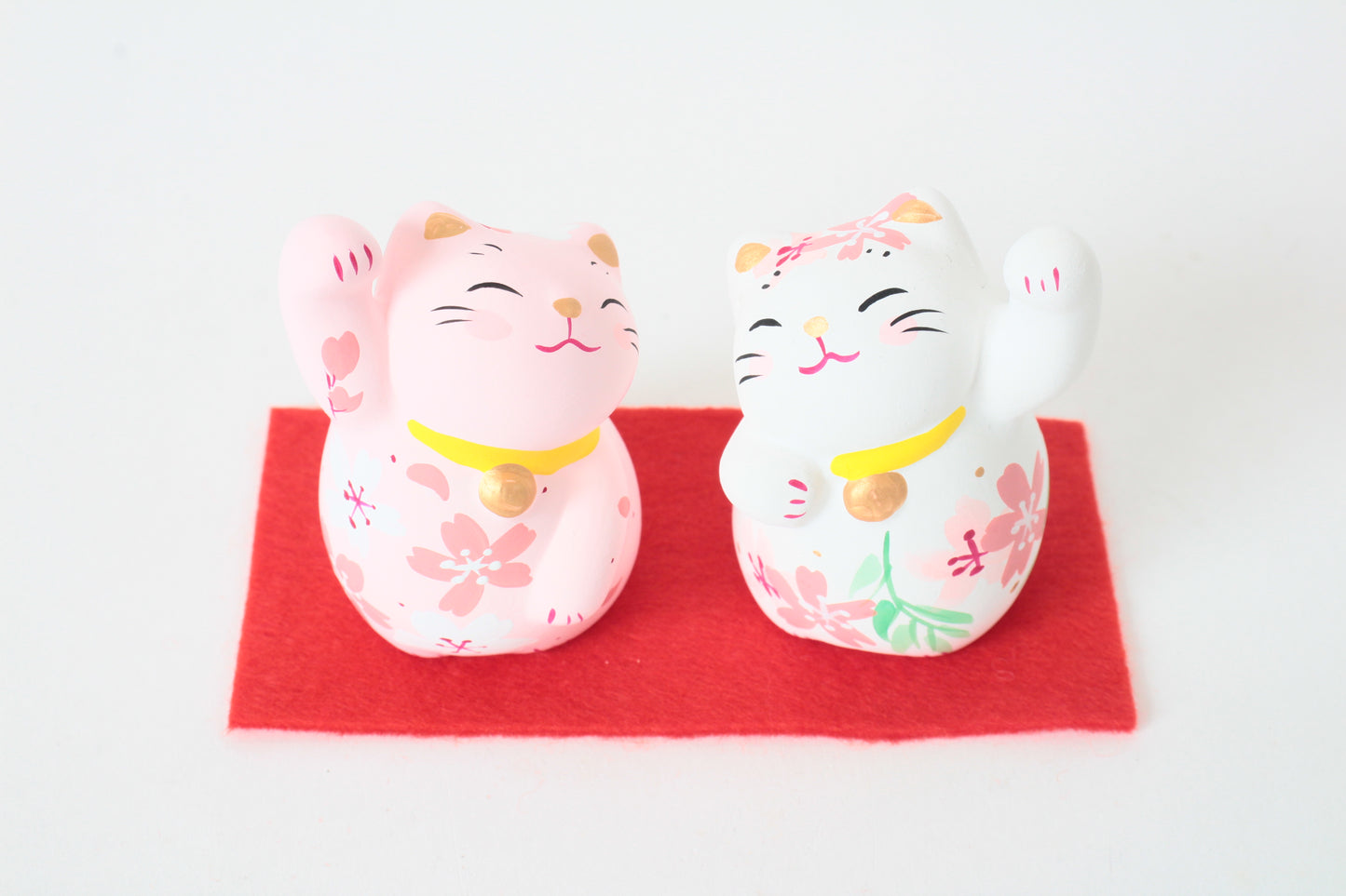 Yanakado Japanese Cat Mini Statue Figurine Lucky Beckoning Cat Pair Sakura Cherry Blossoms Haru-Urara (set of two) 2.3in Hand-Drawn made in Tokyo Japan