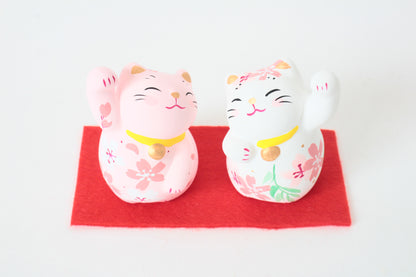 Yanakado Japanese Cat Mini Statue Figurine Lucky Beckoning Cat Pair Sakura Cherry Blossoms Haru-Urara (set of two) 2.3in Hand-Drawn made in Tokyo Japan