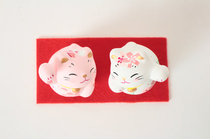 Yanakado Japanese Cat Mini Statue Figurine Lucky Beckoning Cat Pair Sakura Cherry Blossoms Haru-Urara (set of two) 2.3in Hand-Drawn made in Tokyo Japan