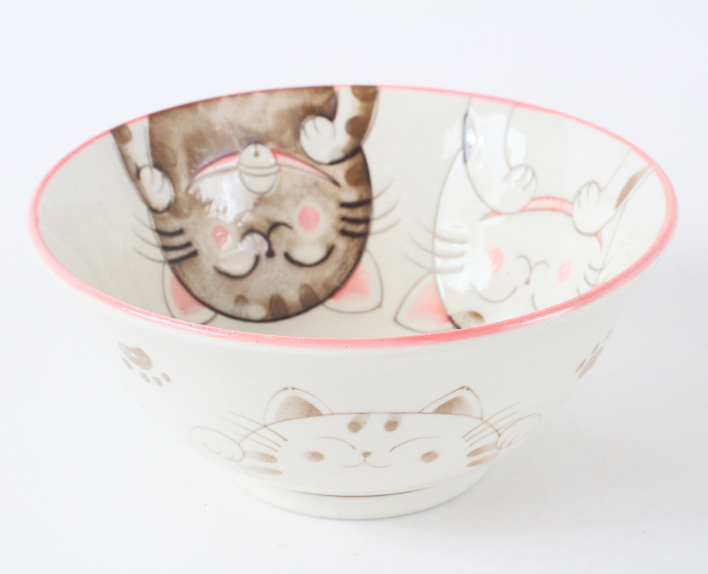 Mino ware Japanese Ceramics Large Rice Bowl Smiling Cats Pink made in Japan