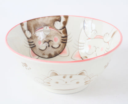 Mino ware Japanese Ceramics Large Rice Bowl Smiling Cats Pink made in Japan