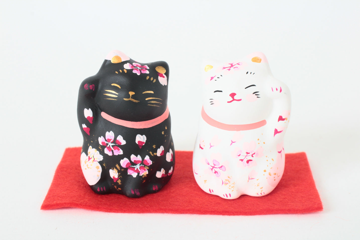 Yanakado Japanese Cat Mini Statue Figurine Lucky Beckoning Cat Pair Sakura Cherry Blossoms Black & White (set of two) 2.1in Hand-Drawn made in Tokyo Japan