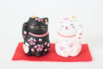 Yanakado Japanese Cat Mini Statue Figurine Lucky Beckoning Cat Pair Sakura Cherry Blossoms Black & White (set of two) 2.1in Hand-Drawn made in Tokyo Japan