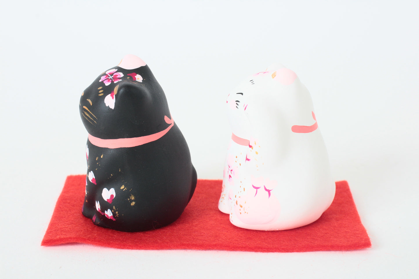 Yanakado Japanese Cat Mini Statue Figurine Lucky Beckoning Cat Pair Sakura Cherry Blossoms Black & White (set of two) 2.1in Hand-Drawn made in Tokyo Japan