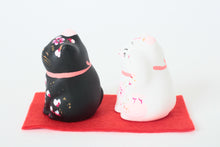 Yanakado Japanese Cat Mini Statue Figurine Lucky Beckoning Cat Pair Sakura Cherry Blossoms Black & White (set of two) 2.1in Hand-Drawn made in Tokyo Japan