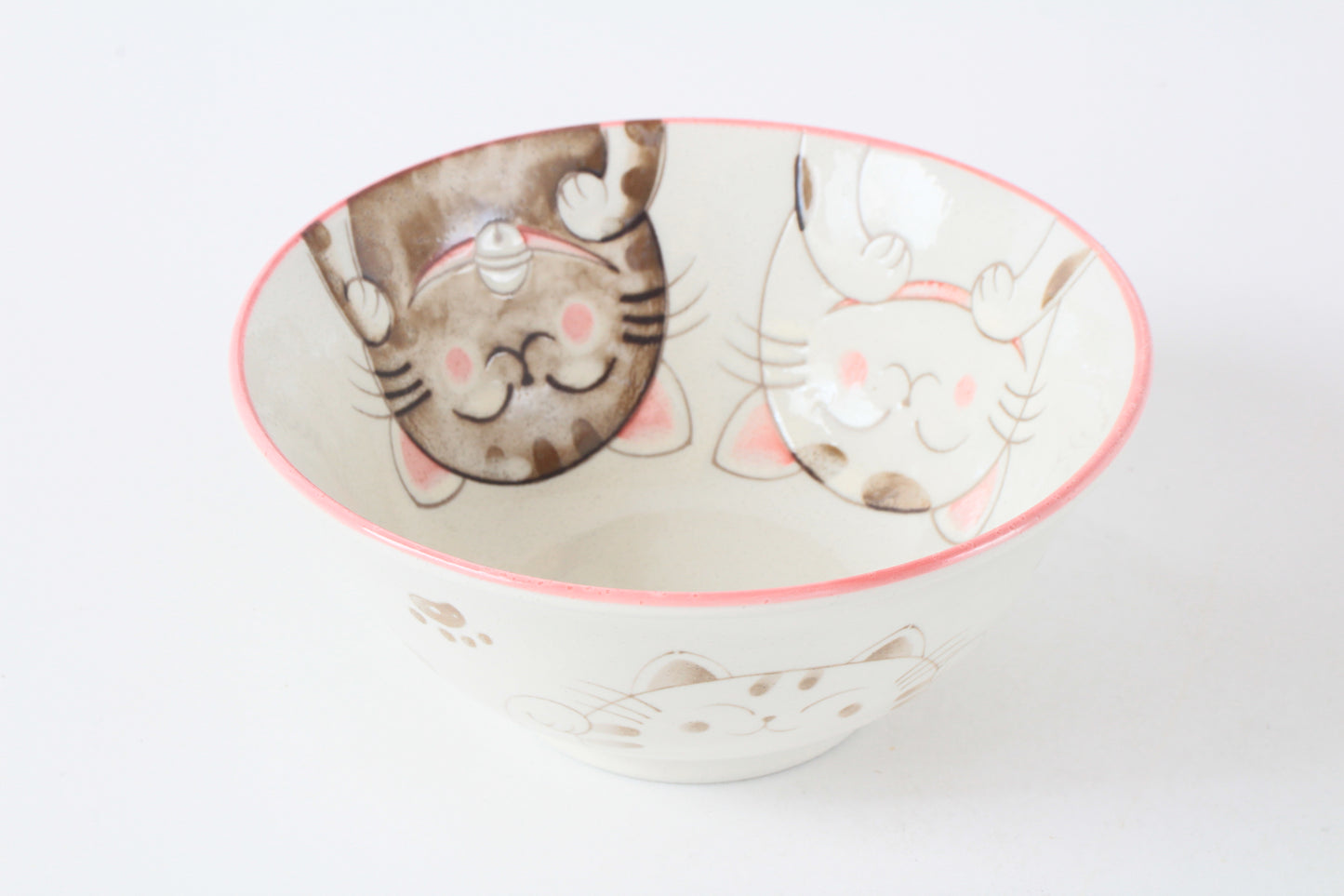 Mino ware Japanese Ceramics Large Rice Bowl Smiling Cats Pink made in Japan