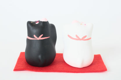 Yanakado Japanese Cat Mini Statue Figurine Lucky Beckoning Cat Pair Sakura Cherry Blossoms Black & White (set of two) 2.1in Hand-Drawn made in Tokyo Japan