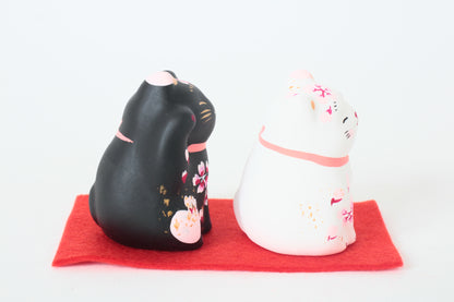Yanakado Japanese Cat Mini Statue Figurine Lucky Beckoning Cat Pair Sakura Cherry Blossoms Black & White (set of two) 2.1in Hand-Drawn made in Tokyo Japan