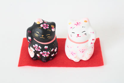 Yanakado Japanese Cat Mini Statue Figurine Lucky Beckoning Cat Pair Sakura Cherry Blossoms Black & White (set of two) 2.1in Hand-Drawn made in Tokyo Japan