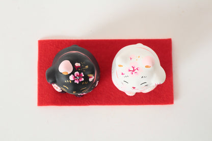 Yanakado Japanese Cat Mini Statue Figurine Lucky Beckoning Cat Pair Sakura Cherry Blossoms Black & White (set of two) 2.1in Hand-Drawn made in Tokyo Japan