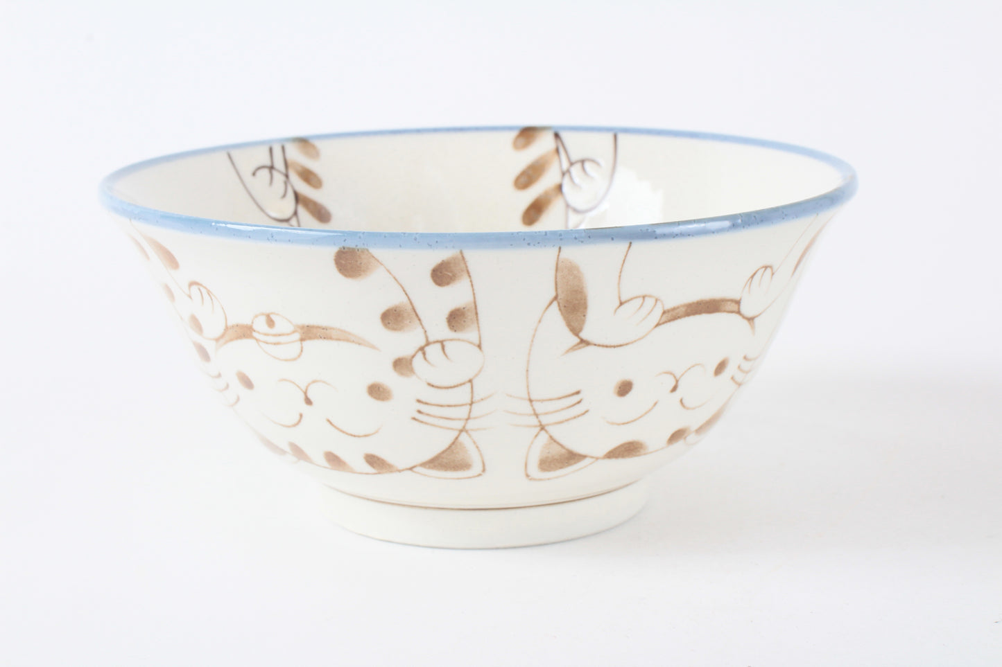 Mino ware Japanese Ceramics Large Rice Bowl Smiling Cats Blue made in Japan