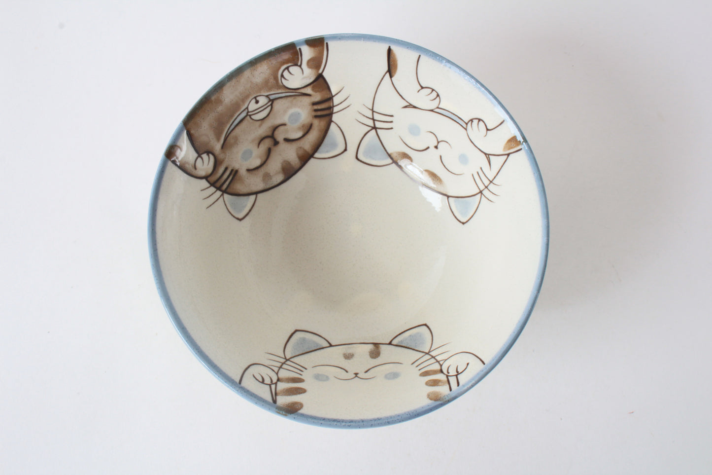 Mino ware Japanese Ceramics Large Rice Bowl Smiling Cats Blue made in Japan