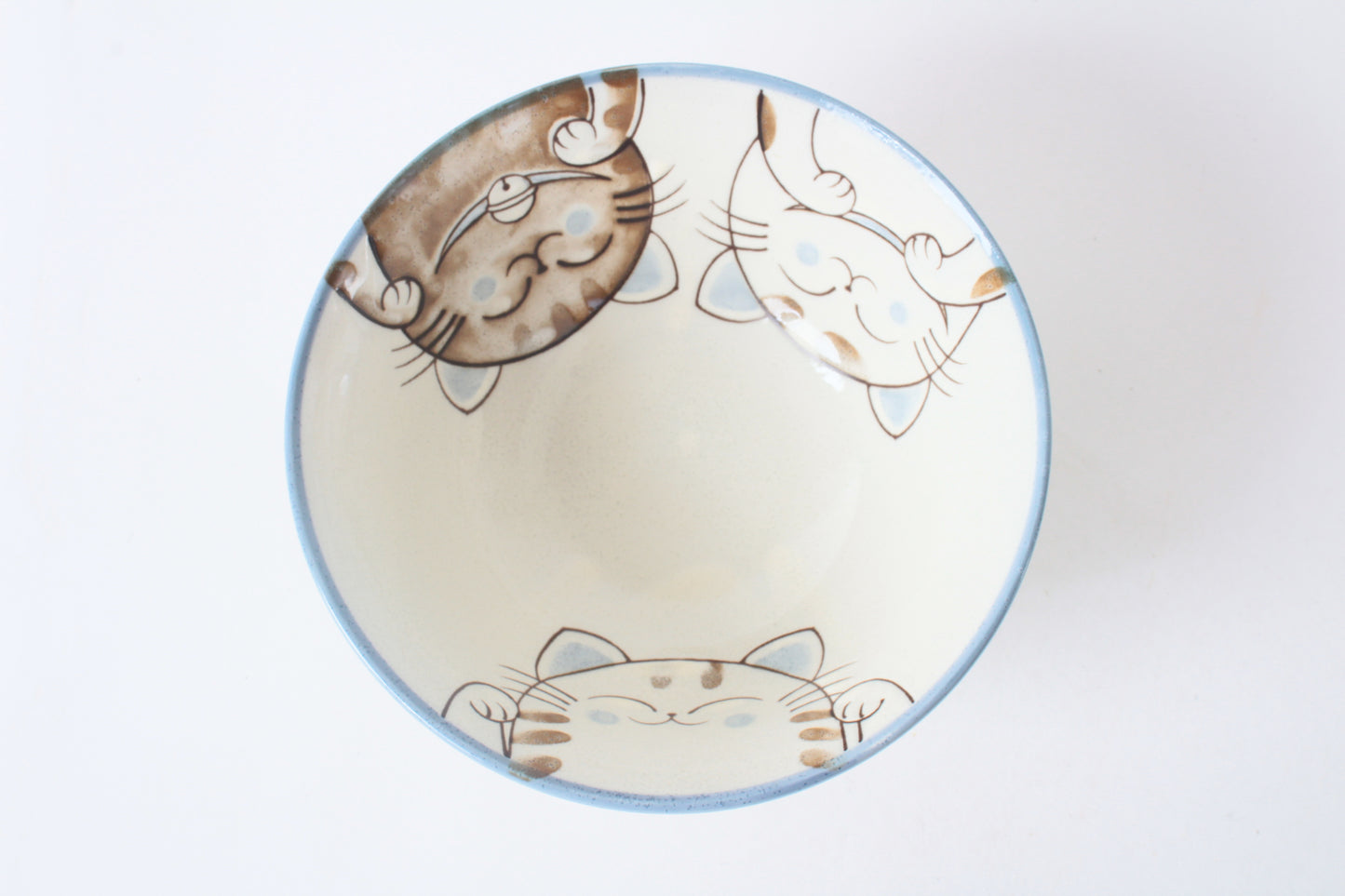 Mino ware Japanese Ceramics Large Rice Bowl Smiling Cats Blue made in Japan