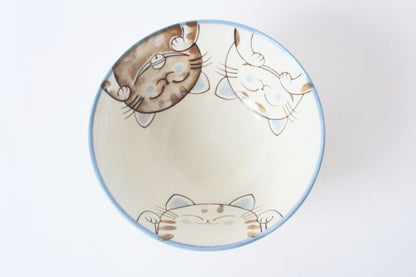 Mino ware Japanese Ceramics Large Rice Bowl Smiling Cats Blue made in Japan