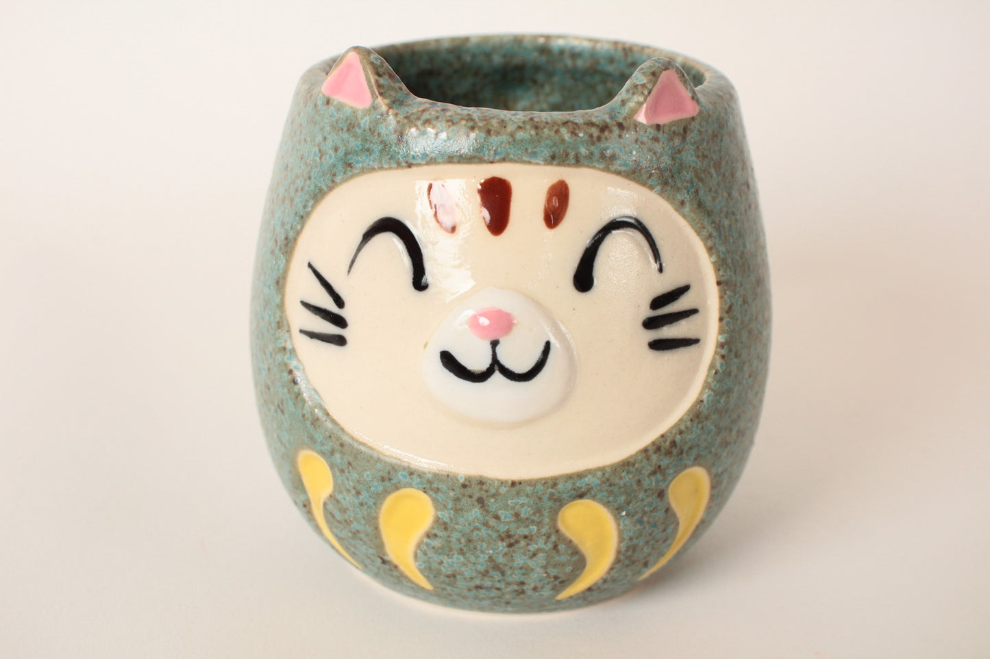 Mino ware Japanese Pottery Mug Cup Cat Daruma Green made in Japan