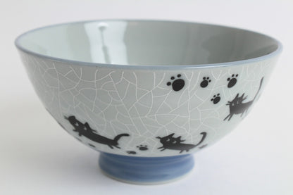 【2pcs set】Mino ware Japanese Ceramics Pair Rice Bowl Pink & Blue Black Cat Walking made in Japan