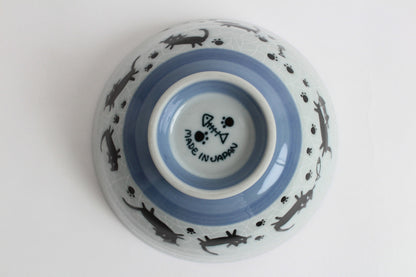 【2pcs set】Mino ware Japanese Ceramics Pair Rice Bowl Pink & Blue Black Cat Walking made in Japan