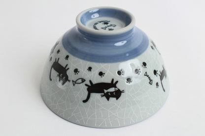【2pcs set】Mino ware Japanese Ceramics Pair Rice Bowl Pink & Blue Black Cat Walking made in Japan