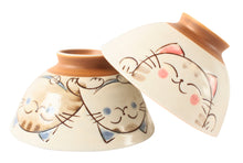 【2pcs set】Mino ware Japanese Ceramics Pair Rice Bowl Blue & Pink Smiling Cat made in Japan