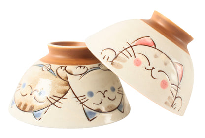 【2pcs set】Mino ware Japanese Ceramics Pair Rice Bowl Blue & Pink Smiling Cat made in Japan