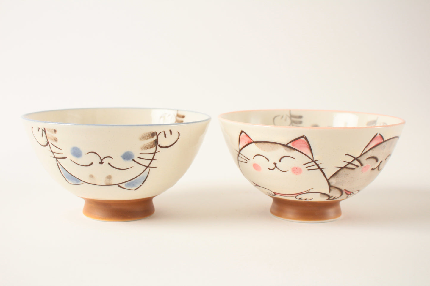 【2pcs set】Mino ware Japanese Ceramics Pair Rice Bowl Blue & Pink Smiling Cat made in Japan