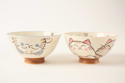 【2pcs set】Mino ware Japanese Ceramics Pair Rice Bowl Blue & Pink Smiling Cat made in Japan