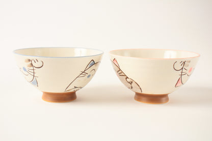 【2pcs set】Mino ware Japanese Ceramics Pair Rice Bowl Blue & Pink Smiling Cat made in Japan