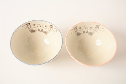 【2pcs set】Mino ware Japanese Ceramics Pair Rice Bowl Blue & Pink Smiling Cat made in Japan