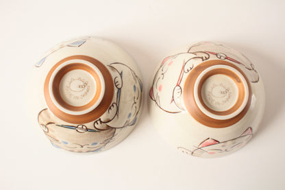 【2pcs set】Mino ware Japanese Ceramics Pair Rice Bowl Blue & Pink Smiling Cat made in Japan