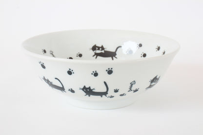 Mino ware Japanese Ceramics Ramen Noodle Donburi Bowl Black Cats & Footprints made in Japan