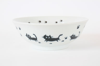 Mino ware Japanese Ceramics Ramen Noodle Donburi Bowl Black Cats & Footprints made in Japan