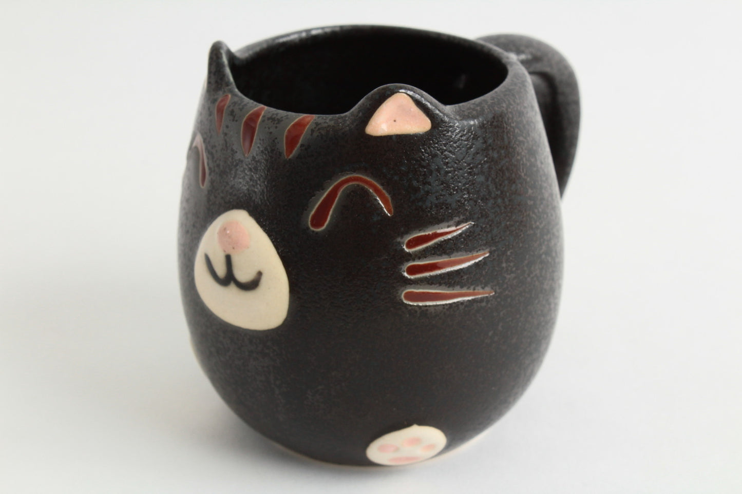 Mino ware Japanese Pottery Mug Cup Cat Shape Matte Black made in Japan